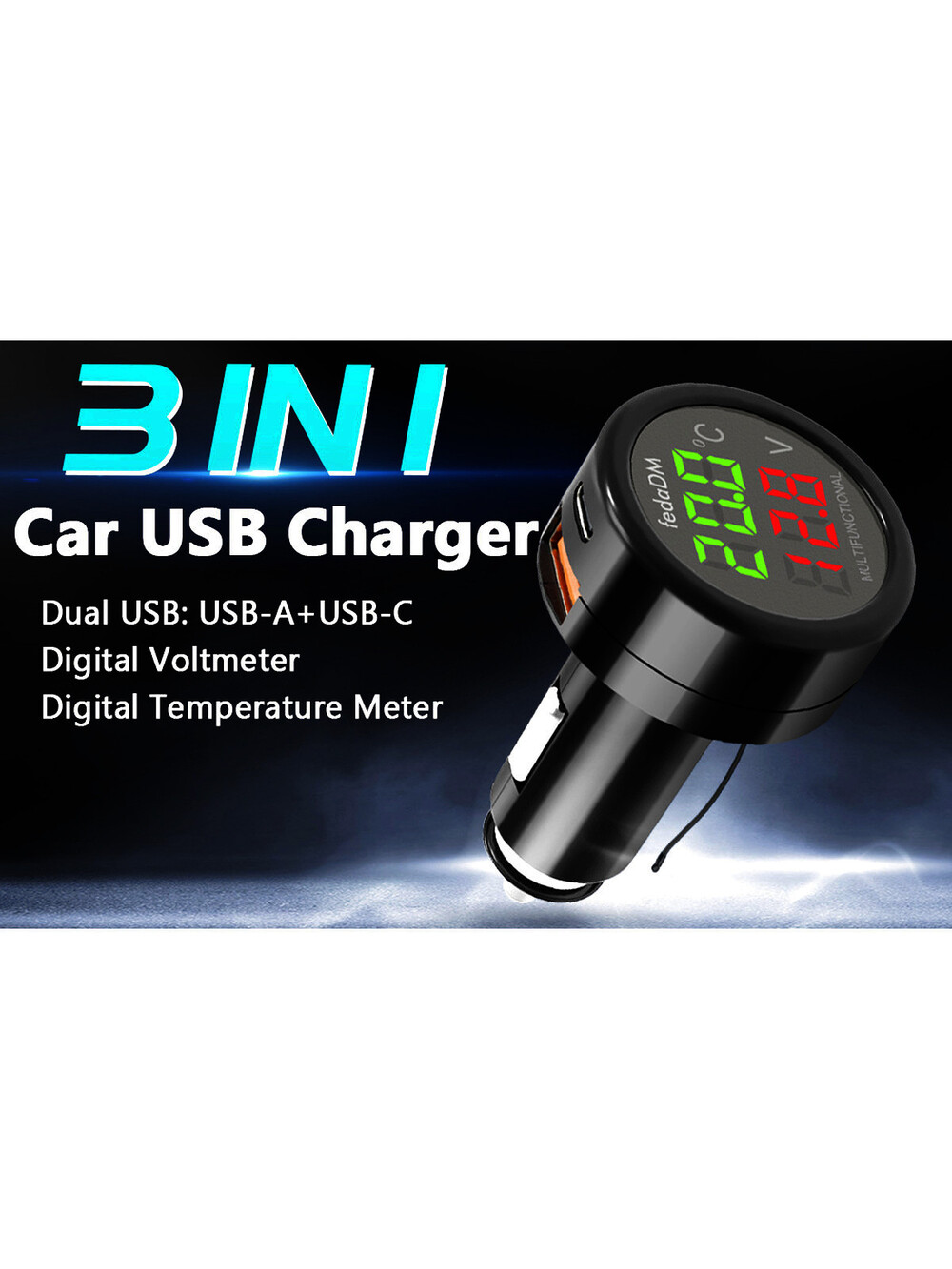 4-in-1 QC 3.0 Dual USB Car Charger, Battery Voltage Meter, Current Monitor, E...